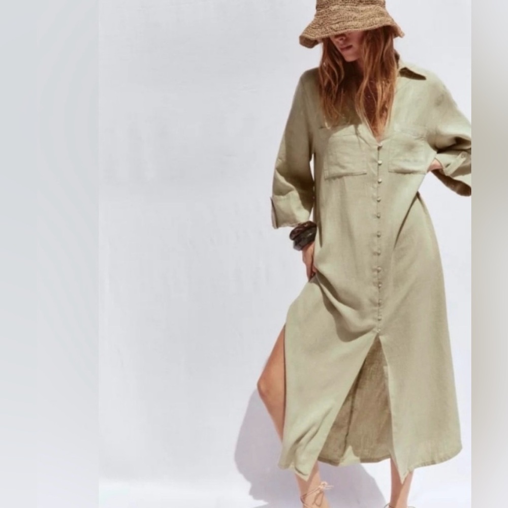 NWT Zara Linen Shirt Dress, Light Khaki, XS